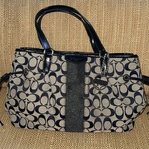 Coach black and gray signature stripe carryall with drawstrings